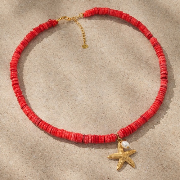 Coral Red Beaded Necklace with Gold Starfish Pendant - Picture 2 of 2